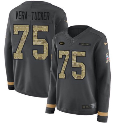 Nike New York Jets #75 Alijah Vera-Tucker Anthracite Salute to Service Women's Stitched NFL Limited Therma Long Sleeve Jersey